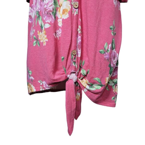 First Love Pink Floral Cold Shoulder Lovely  Button Tie Front Womens Large - Picture 3 of 10